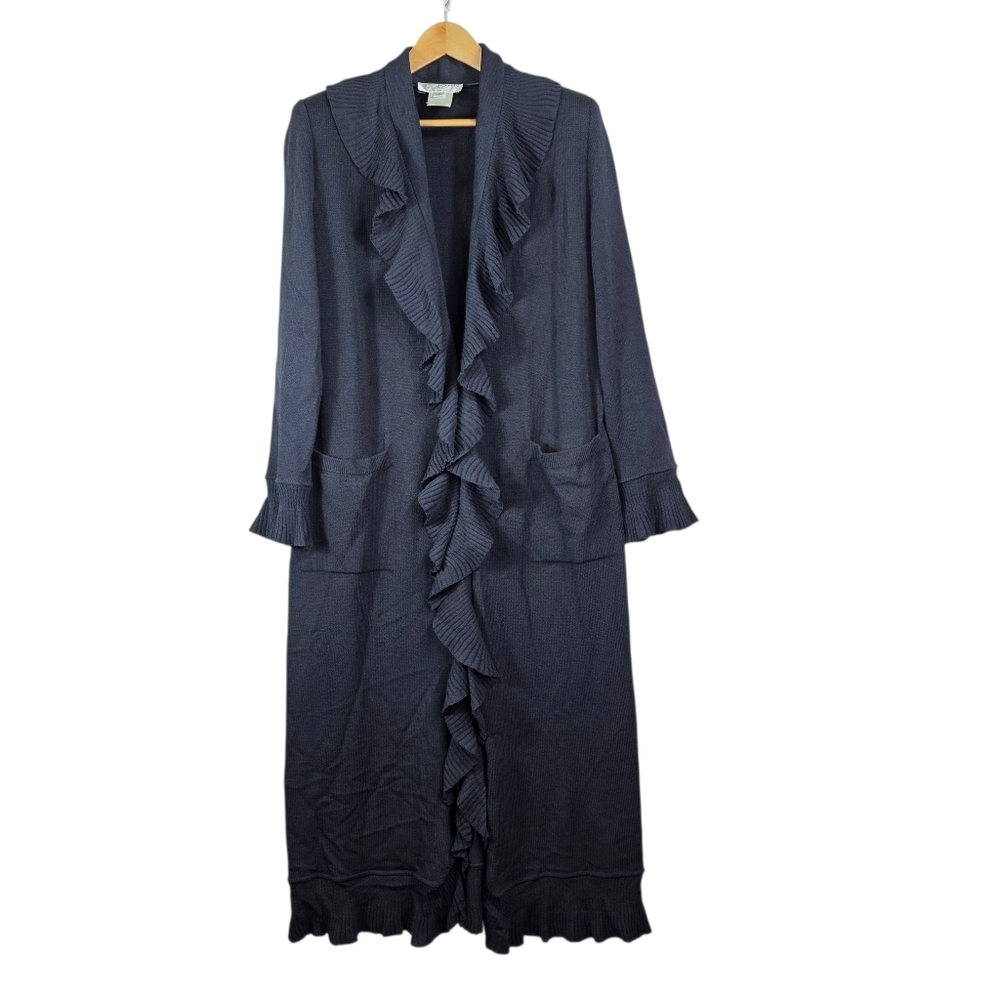 St. John Collection by Marie Gray wool Navy Ruffle Trim Long Cardigan Coat